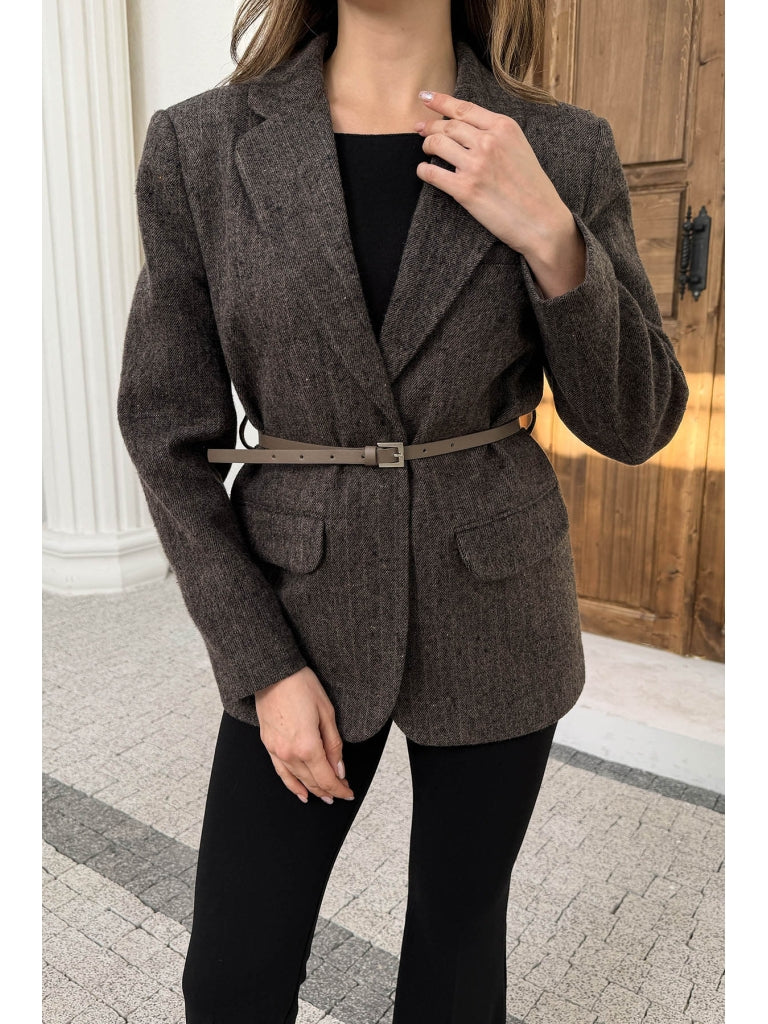 Vizon Çizgili Yün Karışımlı Kemerli Ceket 9634-Vizon