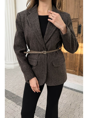 Vizon Çizgili Yün Karışımlı Kemerli Ceket 9634-Vizon