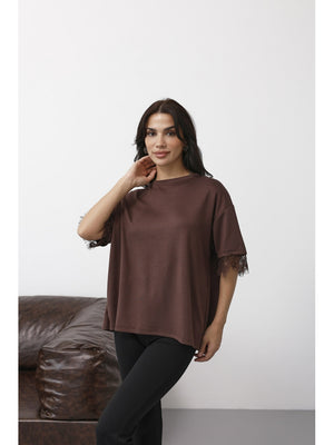 Kahverengi Sırtı Dantelli Tshirt 1073-Kahverengi