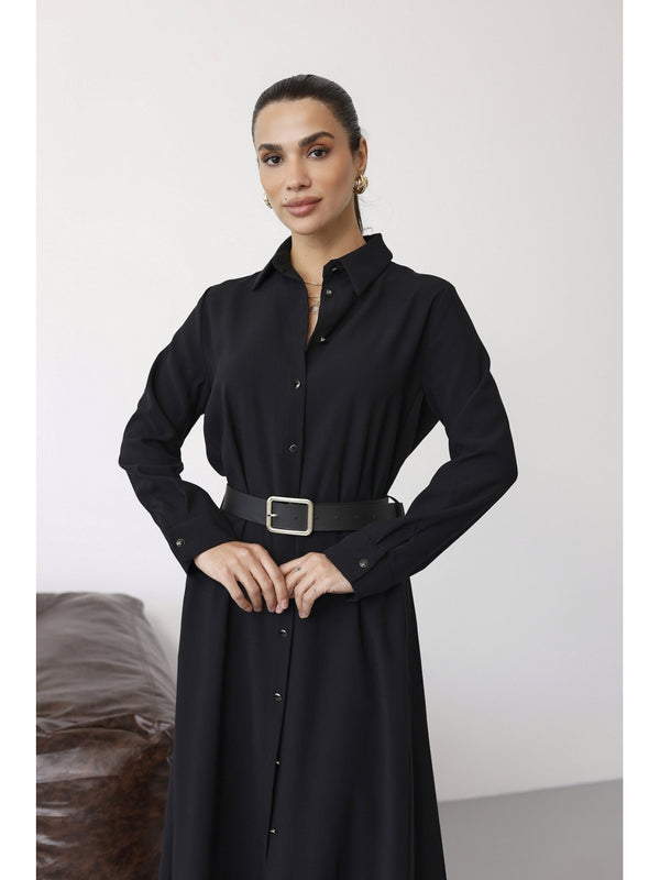 Siyah Maxi Boydan Düğmeli Kemerli Elbise 8185-Siyah