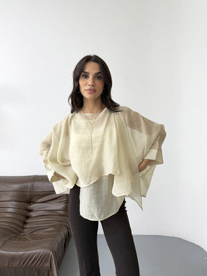 Taş Tencel Pelerin Bluz 5026-TAŞ
