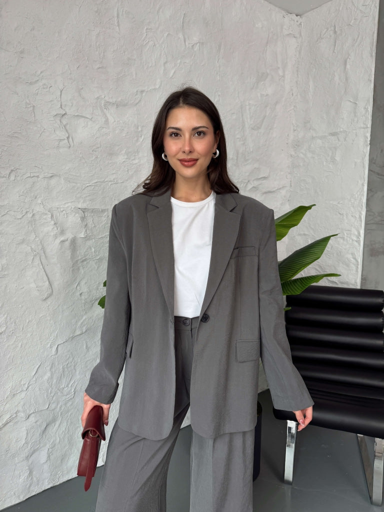 Antrasit Tensel Düğmeli Blazer Ceket