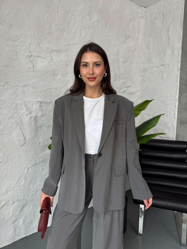 Antrasit Tensel Düğmeli Blazer Ceket