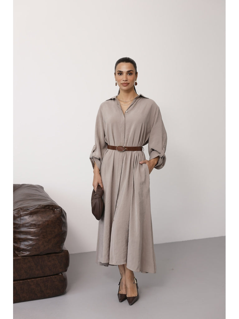 Vizon Tensel Kemerli Gömlek Elbise EYY3270-Vizon