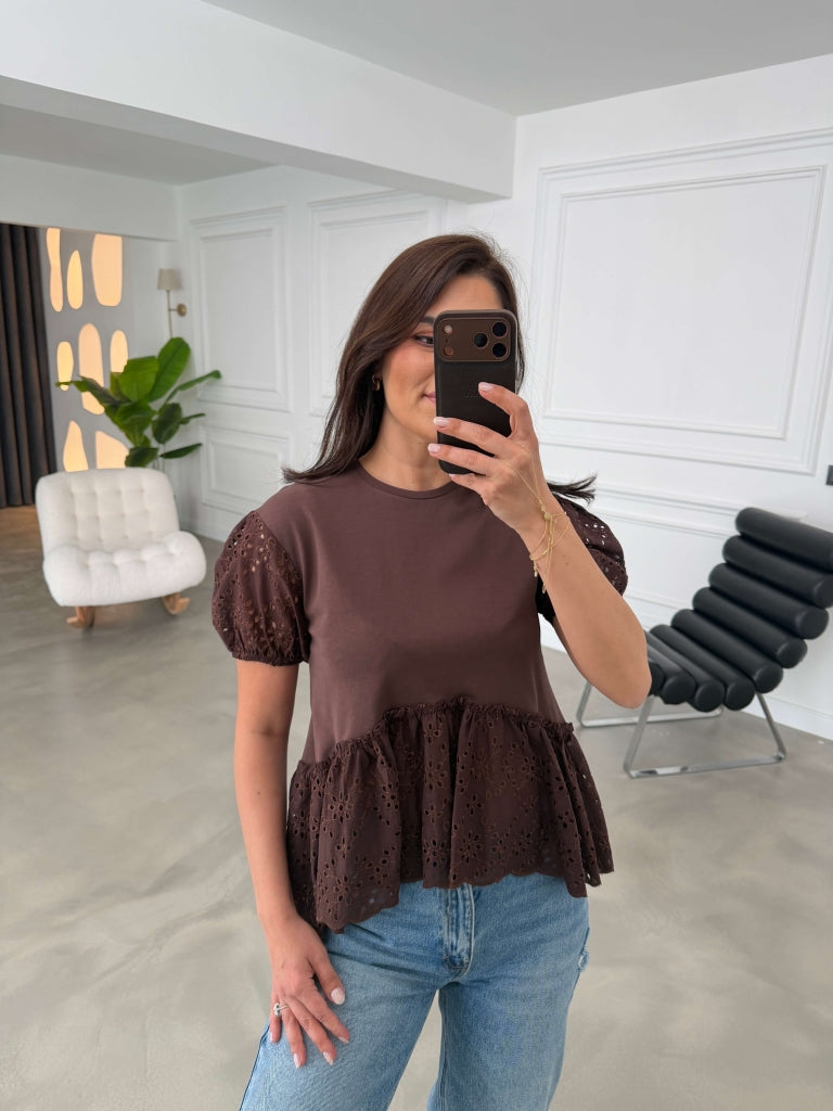 Kahverengi Karpuz Kol Fistolu Tshirt EY3263-Kahverengi