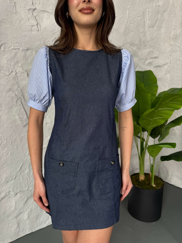 Kolları Çizgili Poplin Detay Denim Elbise