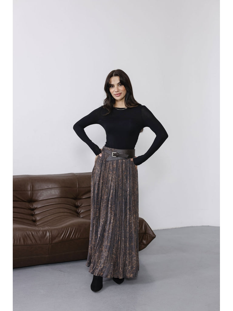 Kahve Kemer Detaylı Desenlı Kraşlı Etek 3374-KAHVE