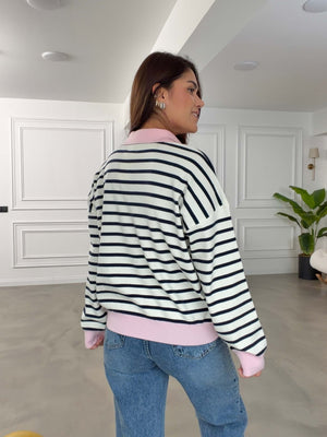 Pembe Çizgili Yarım Fermuarlı Triko 2757-Pembe