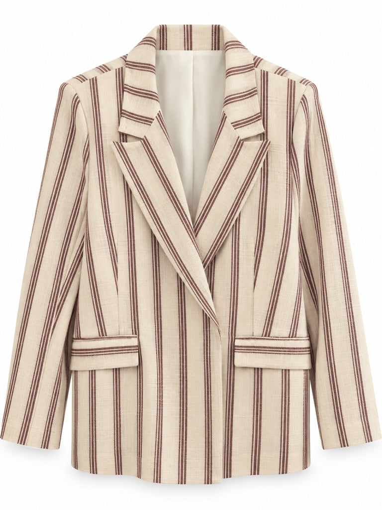 Taş Bordo Çizgili Keten Blazer Ceket 9424-Bordo