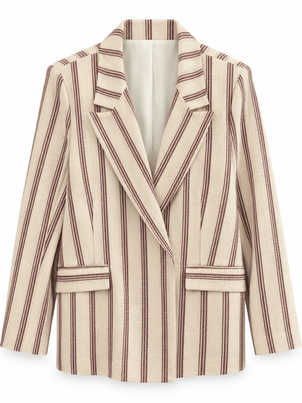 Taş Bordo Çizgili Keten Blazer Ceket 9424-Bordo
