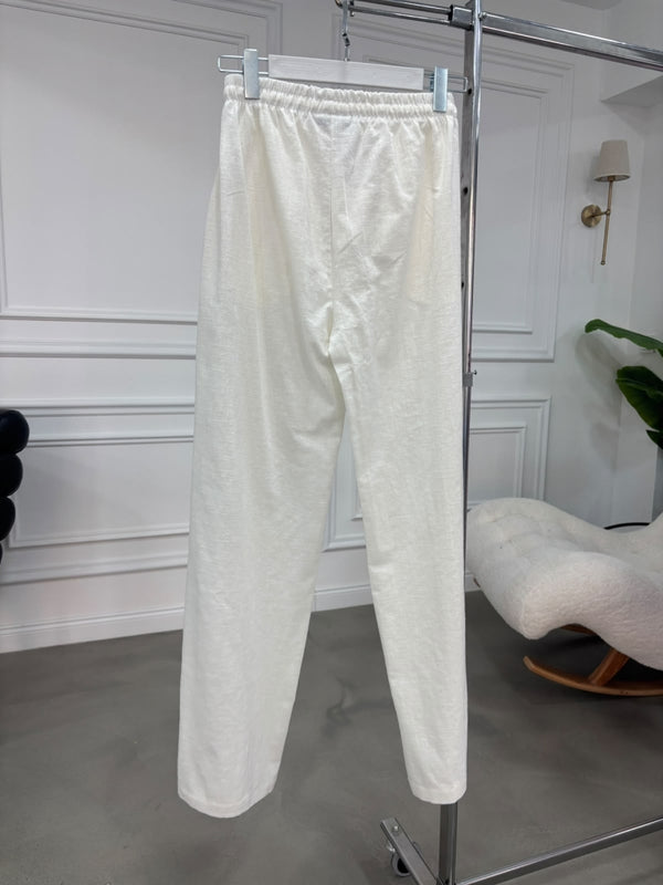Ekru Beli Bağcıklı Keten Pantolon 7532-Ekru