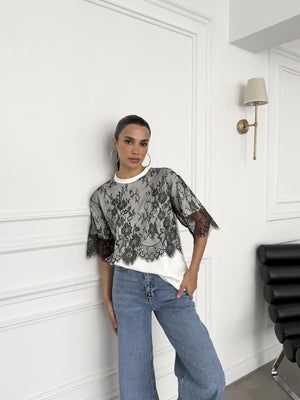 Beyaz Dantelli Tasarım Tshirt 1092-Beyaz