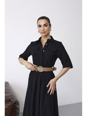 Siyah Cep Detaylı Kısa Kol Elbise 8124-Siyah