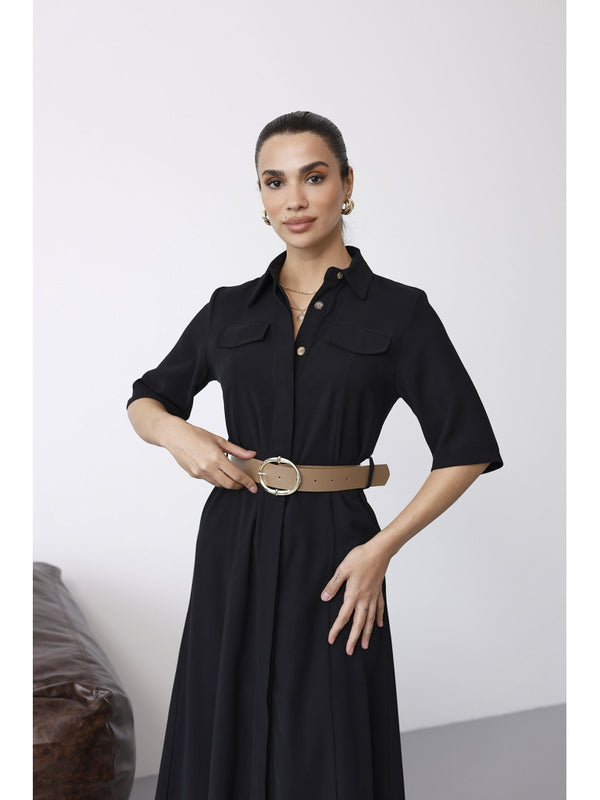 Siyah Cep Detaylı Kısa Kol Elbise 8124-Siyah