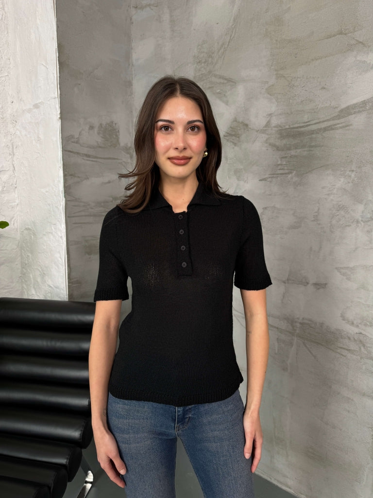 Siyah Polo Yaka Merserize Bluz
