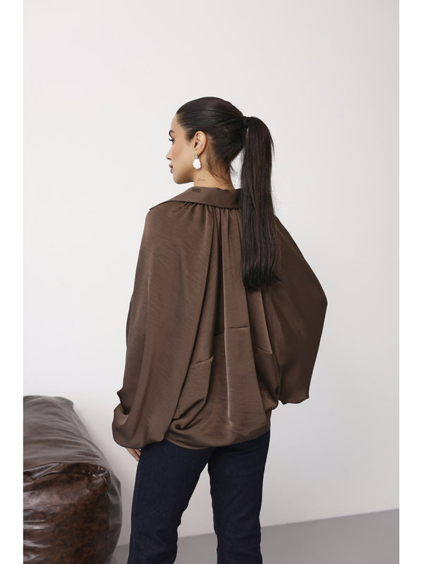 Kahverengi Ön Fermuarlı Bomber Saten Ceket 9584-Kahverengi