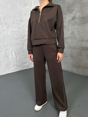 Kahverengi Paraşüt Şeritli Fermuarlı Scuba Takım 2624-Kahverengi