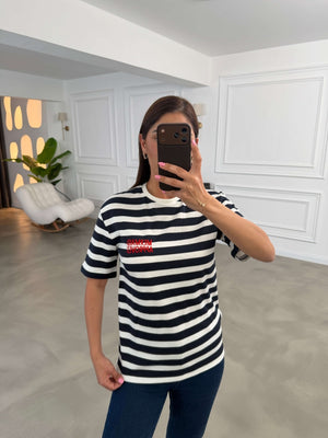 Lacivert Nakış Yazılı Çizgili Tshirt 10868-Lacivert