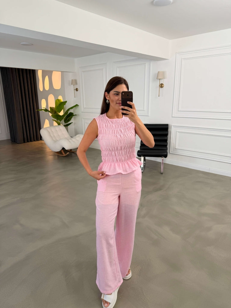 Pembe Gipeli Bluzlu Keten Takım 580960-Pembe