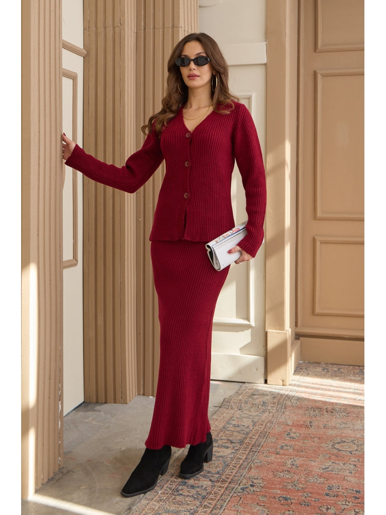 Bordo Fitilli Hırka Etek Takım 5218-Bordo