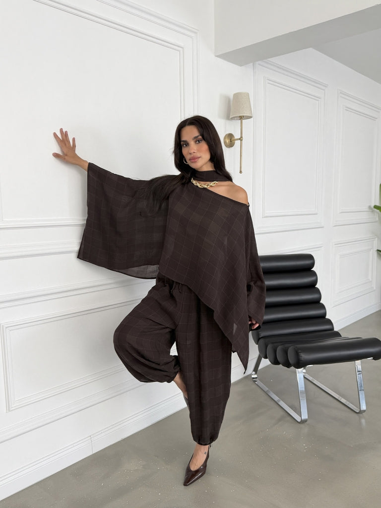 Kahve Fularlı Panço Takım 51344-Kahve