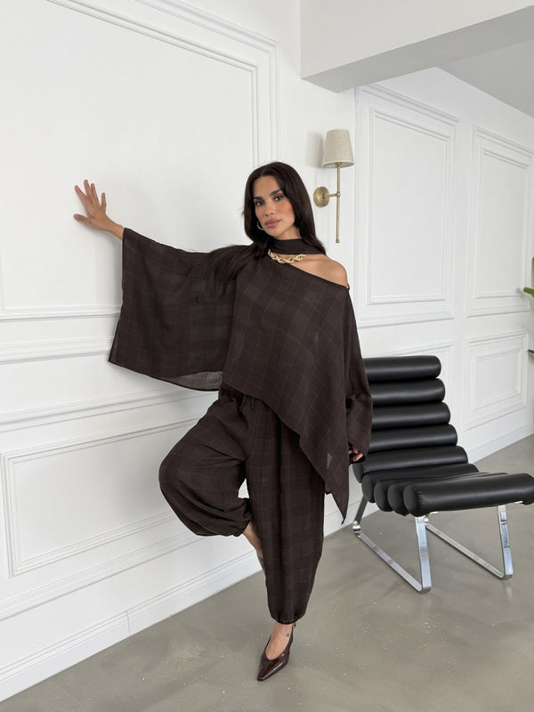 Kahve Fularlı Panço Takım 51344-Kahve