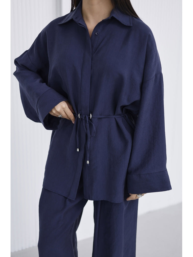 Lacivert Bel Bağlamalı Gömlek Takım 51281-Lacivert
