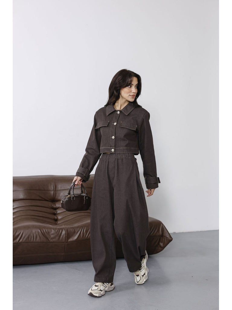 Kahverengi Paçası Çıtçıt Detaylı Denim Takım 51244-Kahverengi