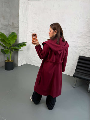 Bordo Kapşonlu Kaşe Kaban 2610-Bordo