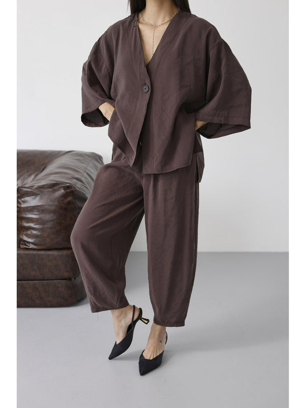 Koyu Kahverengi Tek Düğmeli Bluz Pantolon Takım 51189-Koyu Kahve