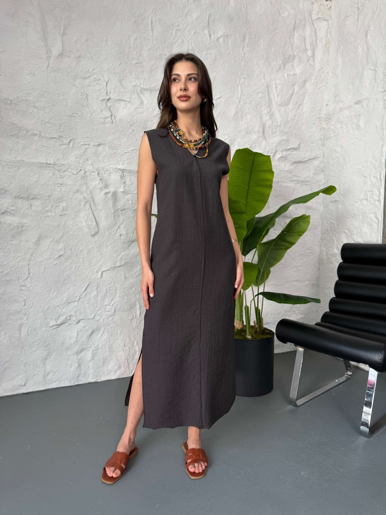 Koyu Kahve Dikiş Detaylı Tencel Elbise