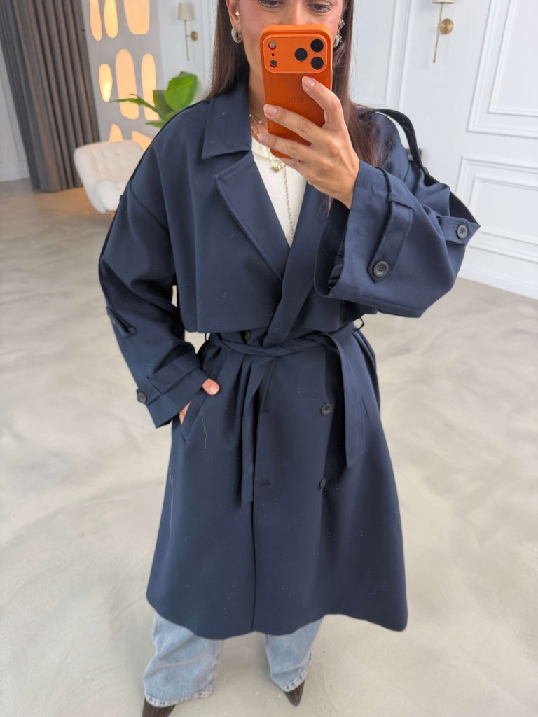 Lacivert Kruvaze Detaylı Oversize Trençkot 9476-LACİVERT