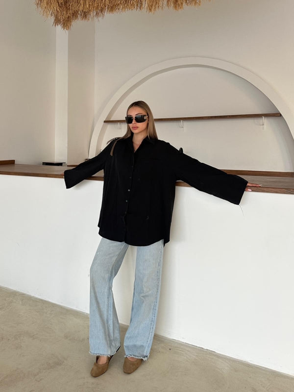 Siyah İspanyol Kol Oversize Cep Detaylı Gömlek