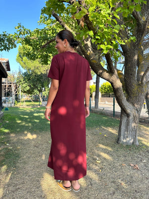 Bordo Yırtmaçlı Salaş Modal Elbise