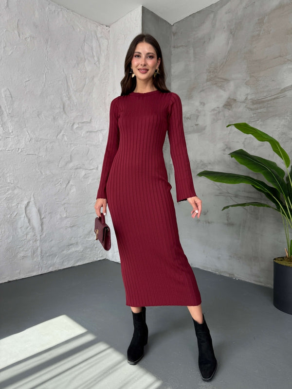 Bordo Massi Model Merserize Triko Elbise