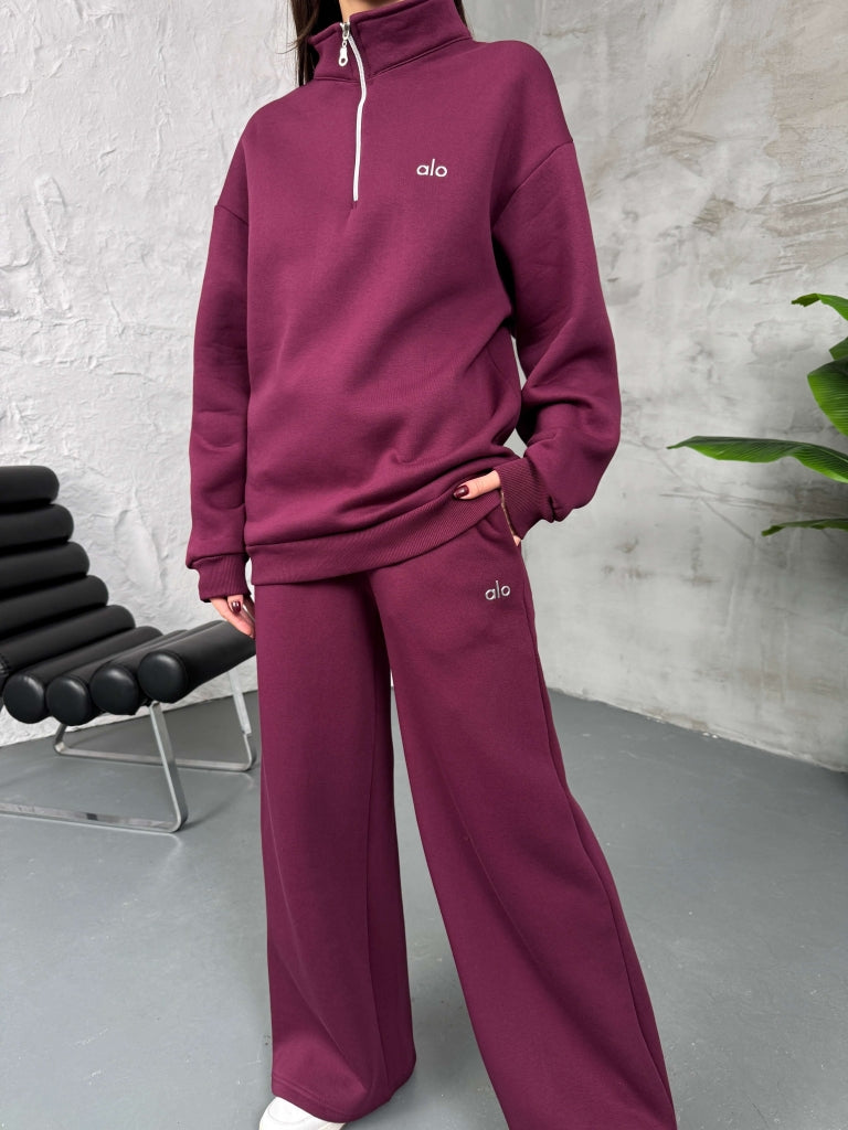 Bordo Yarım Fermuarlı Şardonlu Sweat Takım