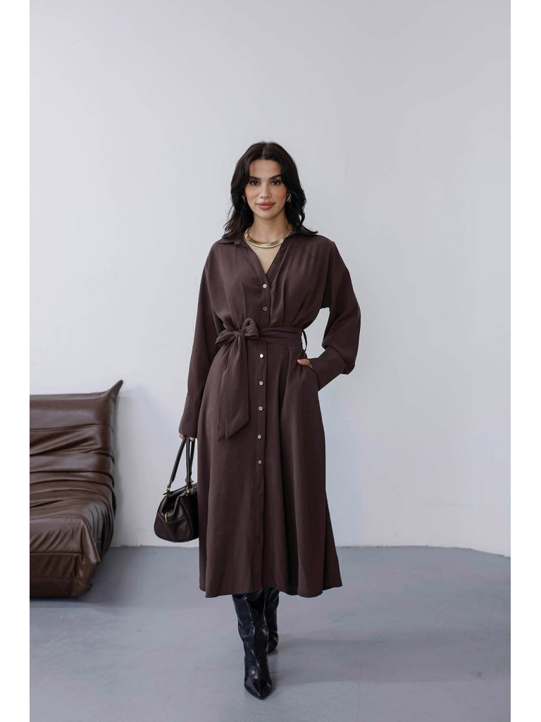 Kahverengi Beli Pileli Kemerli Elbise 8254-Kahverengi