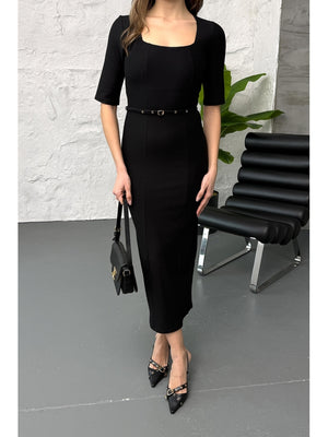 Siyah Kare Yaka Kemerli Maxi Elbise 1271-Siyah