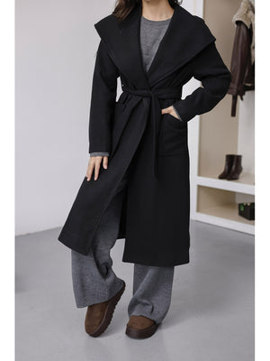 Siyah Kapşonlu Kaşe Kaban 2610-Siyah