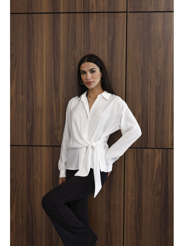 Beyaz Yan Bağlamalı Tencel Gömlek 0897-Beyaz