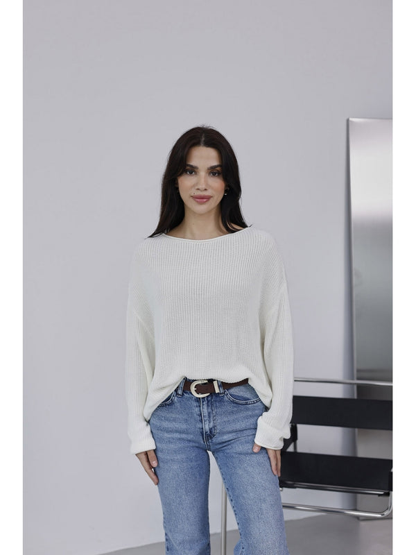 Dilvin Ekru Kayık Yaka Merserize Kazak 10804-Ekru