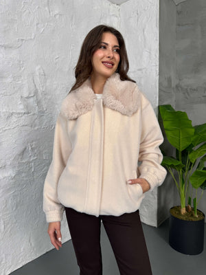 Premium Taş İİthal Kumaş Kürk Mont 70099-Taş