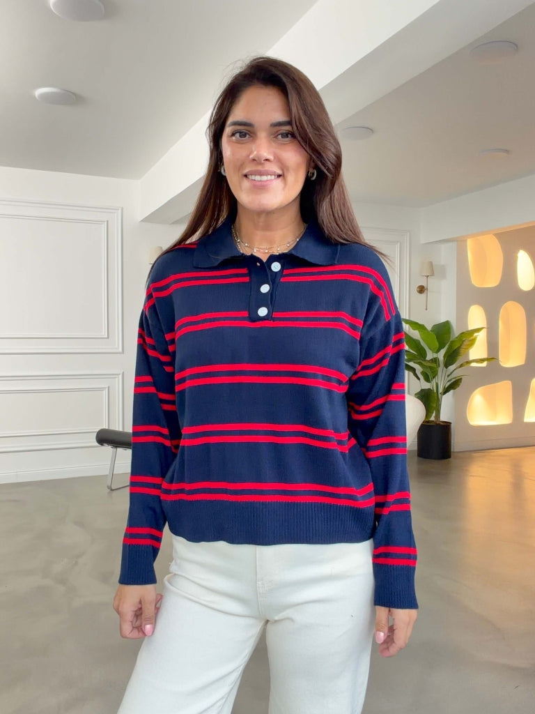 Kırmızı Çizgili Polo Yaka Triko 0548-Kırmızı