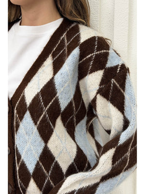 Kahve Mavi Baklava Desen Hırka 10143-Kahve Mavi