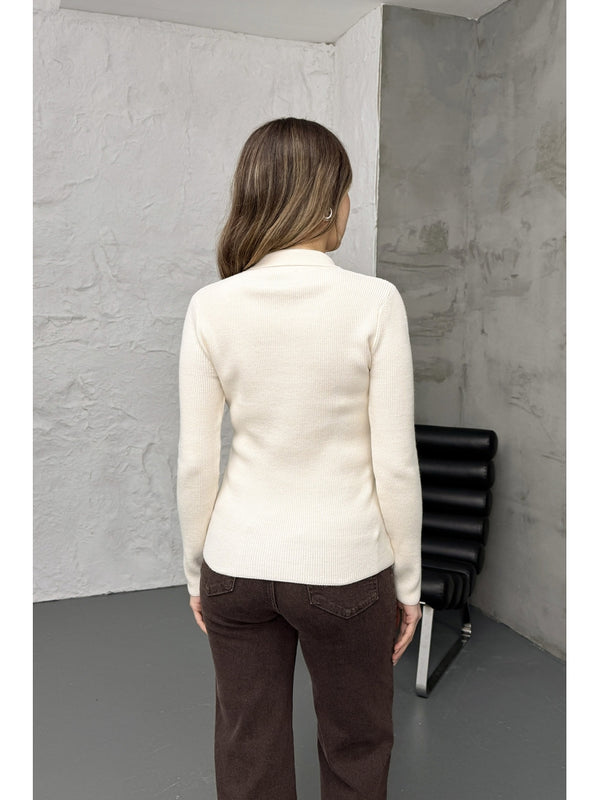 Krem Polo Yaka Çıtçıtlı Kazak 251172-Krem