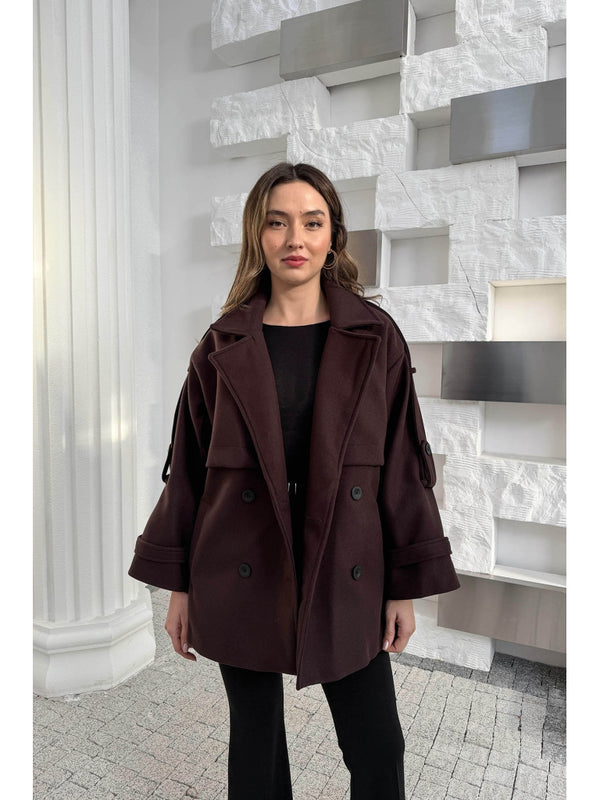 Mürdüm Rebello Kuşaklı Kaşe Kaban 9669-Mürdüm