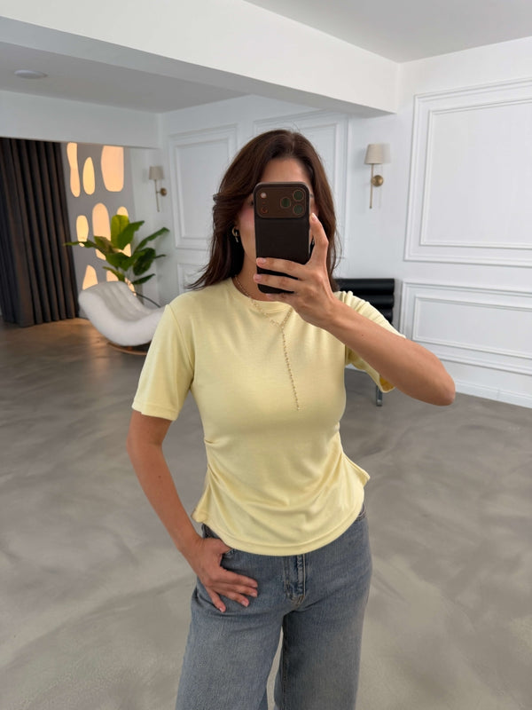 Sarı Yanları Büzgülü Tshirt 1395-Sarı