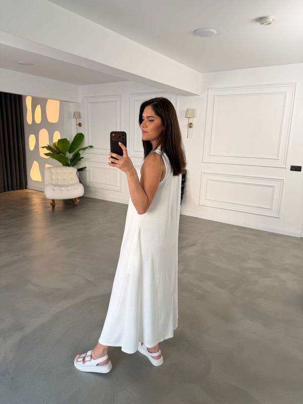 Beyaz Bisiklet Yaka Maxi Modal Elbise 4142-Beyaz