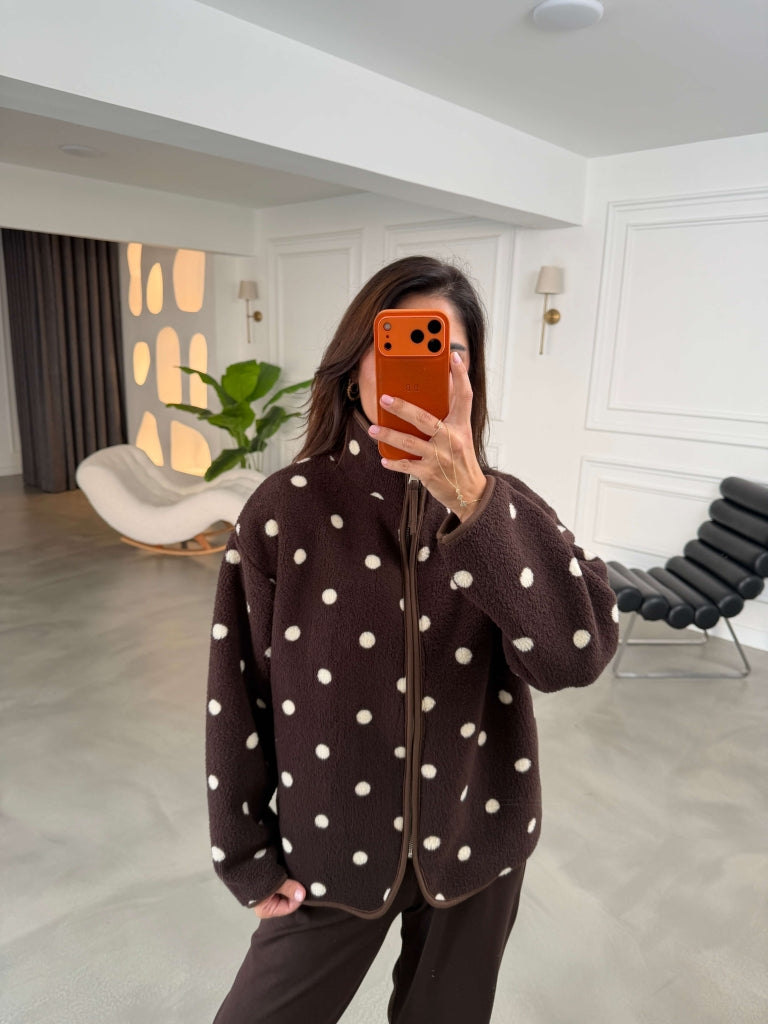Acı Kahve Puantiyeli Ön Fermuarlı Peluş Sweat 22889-Acı Kahve