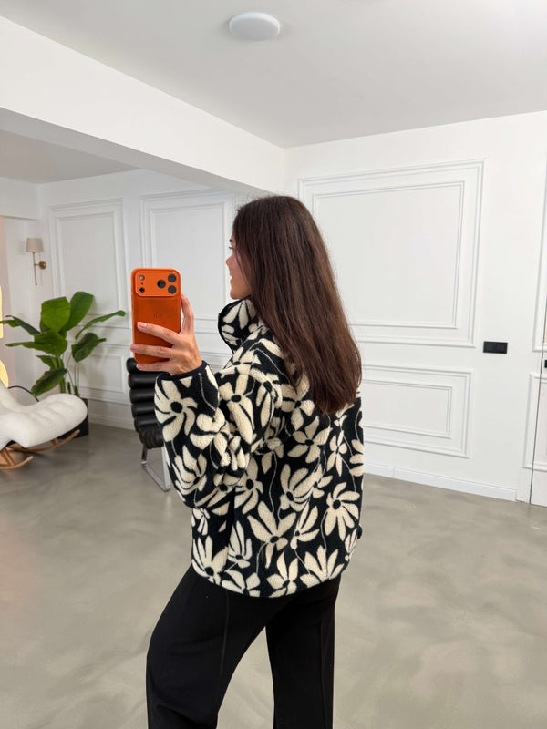 Lacivert Ekru Çicekli Ön Fermuarlı Peluş Sweat 22889-Lacivert Ekru